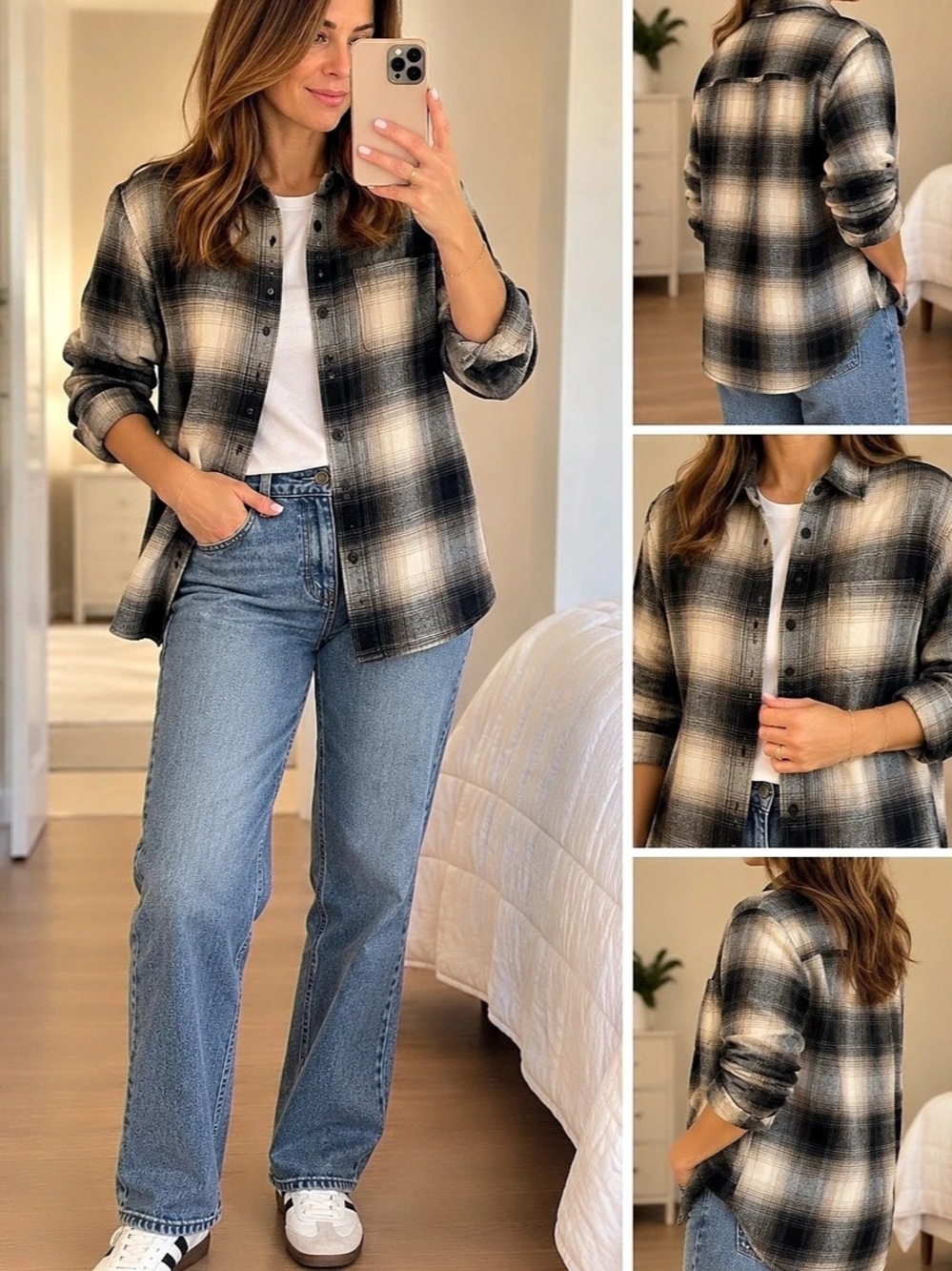 UNIQLO Flannel Checked Shirt Ombre Check Plaid Button Down in Brown & Black Size